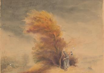 Двусторонняя акварель "Пейзаж с осенним деревом", на обороте "Пейзаж с домиком у горного озера"