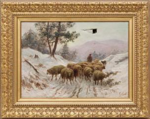 Пастух с овцами. Зима