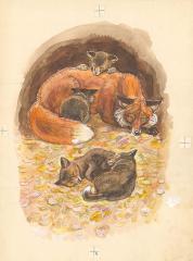 Лиса с лисятами. Иллюстрация к книге Плитченко А. "Лисица и Заяц"