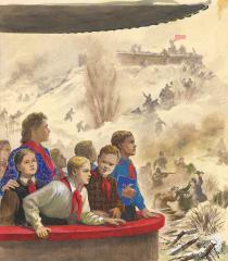 Пионеры у эскиза панорамы "Разгром немцев под Сталинградом"