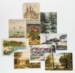 Сет из девяти открыток, преимущественно с видами России, репродукциями с картин и одной сатирической.