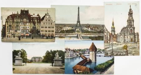 Сет из пяти открыток с видами Дрездена, Лейпцига, Люцерна и Парижа