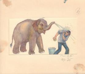 Мытье слона. Иллюстрация к книге В.И. Филатова "Рассказы дрессировщика" (рис.35).