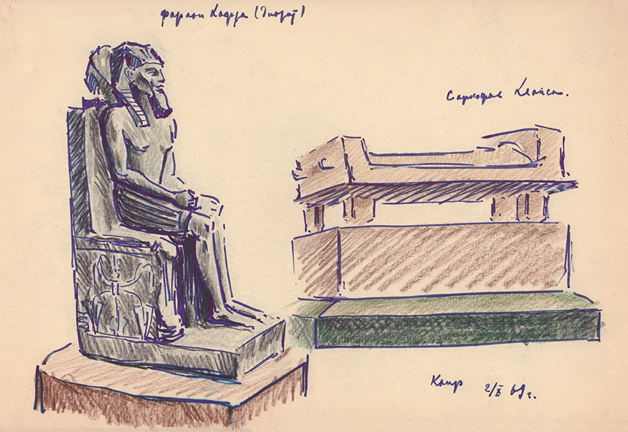 Два рисунка "Статуя фараона" и "Музыканты"