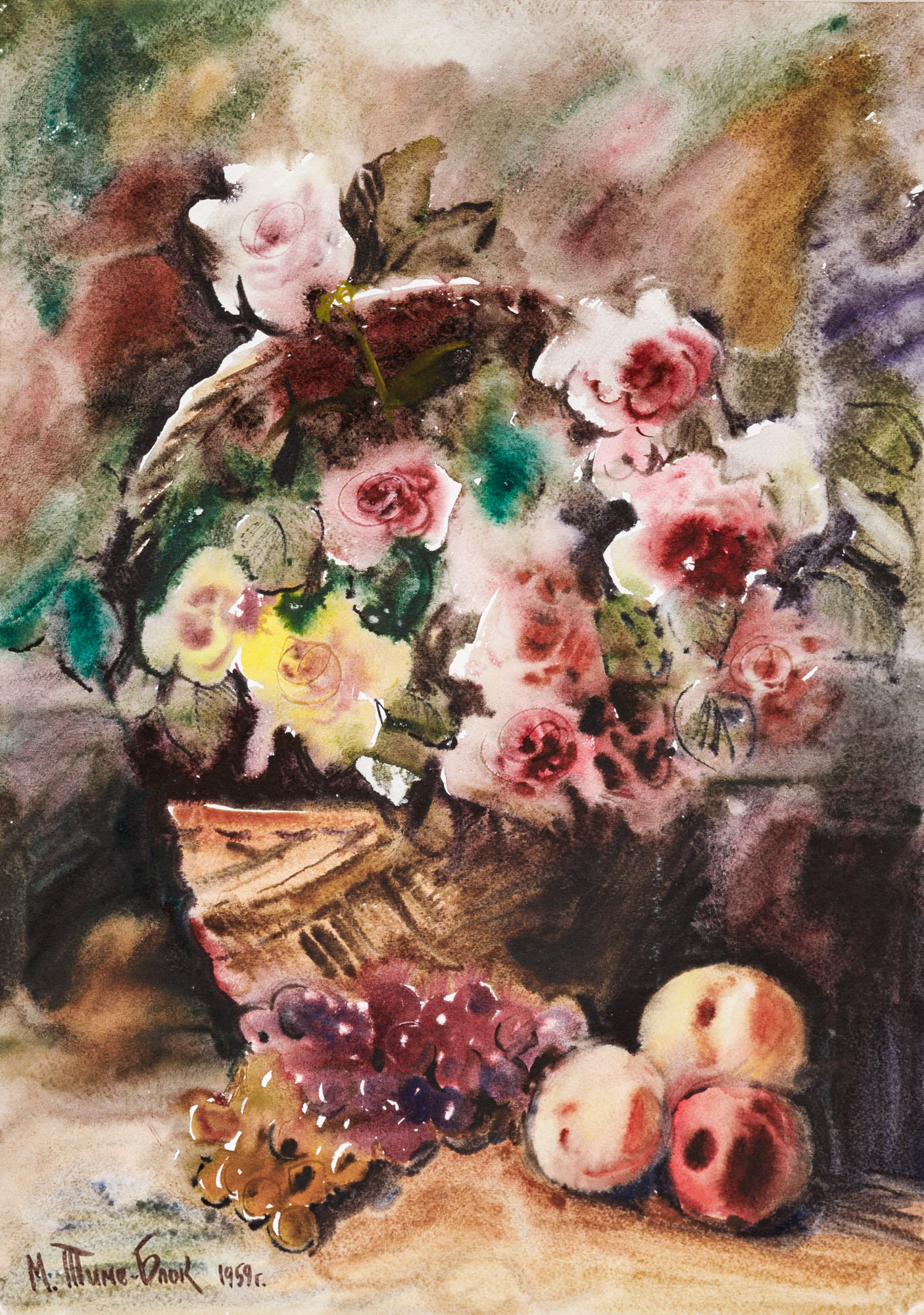 Натюрморт с цветами, виноградом и персиками