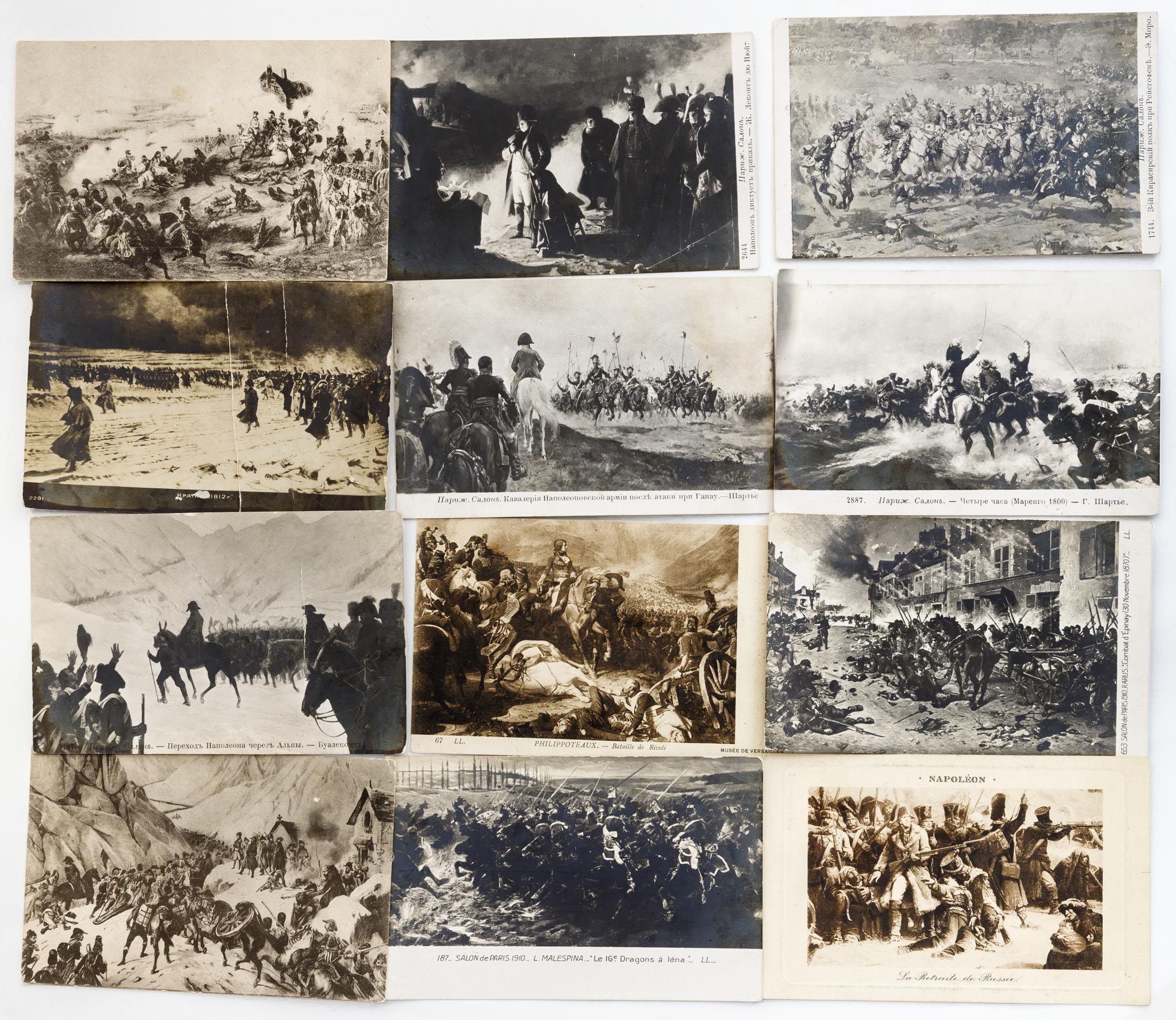 Сет из 12 открыток с репродукциями картин французских художников со сценами из Наполеоновских войн и Франко-прусской войны