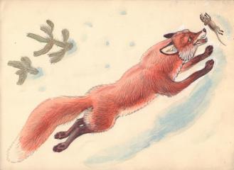 Лиса ловит мышь. Иллюстрация к книге Плитченко А. "Лисица и Заяц"