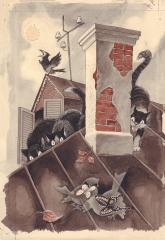 Коты охотятся на птицу. Иллюстрация к книге Медведева В. "Баранкин, будь человеком"