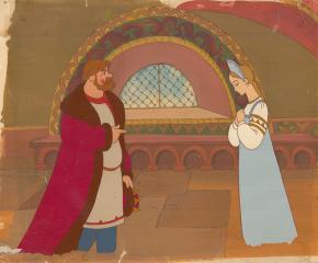 Царь Салтан с молодой царицей. Фаза из мультфильма "Сказка о царе Салтане" с авторским фоном