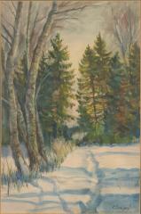 Двусторонняя работа "Зима в Абрамцево", на оборое "Река в лесу"