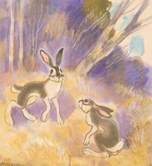 Два зайца. Иллюстрация к книге А. Коптелова «Лесные походы»