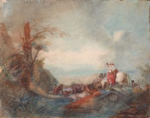 Пейзаж со стадом коров и женщиной в красном платье