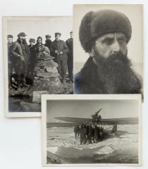 Две фотографии с Отто Шмидтом и группой полярников у самолета.