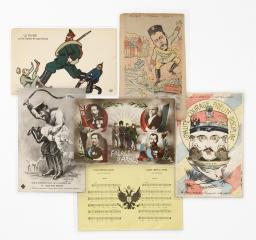 Сет из шести открыток с карикатурами на тему Первой мировой войны, «Freres d’Armes», гимн России.