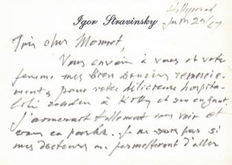 Собственноручное письмо композитора Игоря Федоровича Стравинского, адресованное М. Монне.
