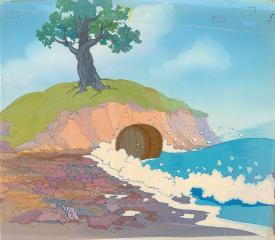 Бочка, выплывающая из моря. Фаза из мультфильма "Сказка о царе Салтане" с авторским фоном