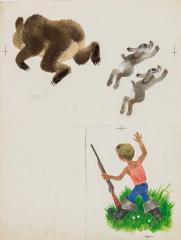 Мальчик с ружьем, медведь и зайцы. Иллюстрация к книге Могутина Ю. "Говорил Иртыш с тайгой"