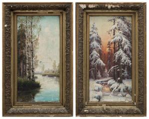 Парные пейзажи "Зимний лес на закате" и "Березы у реки"