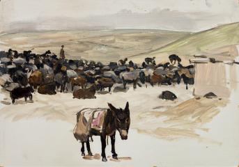 Восточный пейзаж со стадом и осликом
