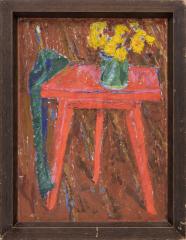 Натюрморт с желтыми цветами на красном столе