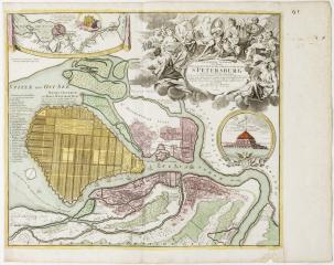 Карта Санкт-Петербурга, с гравированным картушем и портретом императора Петра I