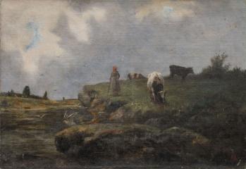 Женщина с коровами на берегу реки