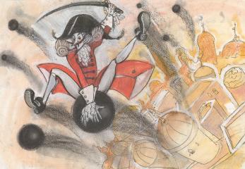 Мюнхаузен на пушечном ядре. Иллюстрация к сказке Р.Распе "Приключения барона Мюнхаузена"
