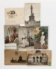 Сет из семи открыток с парным портретом Николая II и Александры Федоровны, великих княжон и открыток на разную русскую тему.