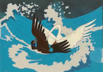 "Лебедь около плывет, злого коршуна клюет". Фаза из мультфильма "Сказка о царе Салтане" с авторским фоном