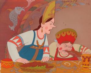 Ткачиха с Поварихой на пиру. Фаза из мультфильма "Сказка о царе Салтане" с авторским фоном