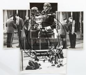 Сет из четырех фотографий с тренером А.В. Тарасовым, А.П. Рагулиным, В.В. Александровым и В. Харламовым, эпизод матча.