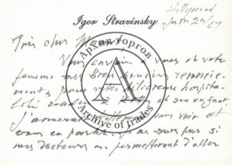 Собственноручное письмо композитора Игоря Федоровича Стравинского, адресованное М. Монне.