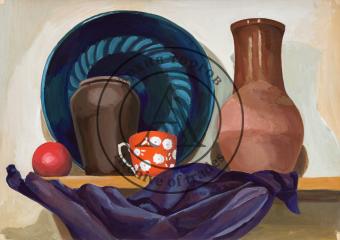 Натюрморт с голубой тарелкой и яблоком