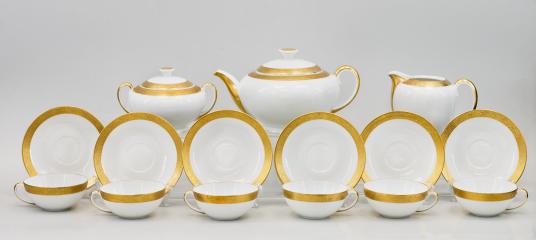 Сервиз чайный белый с золотой окантовкой на 6 персон (чайник, сахарница, молочник, 6 чашек,6 блюдец)