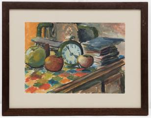 Натюрморт с будильником и яблоками на столе