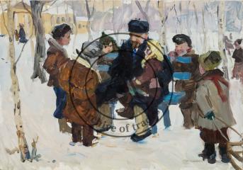 Ленин и дети на скамейке в зимнем парке